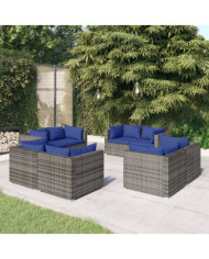 Salon de jardin 8 pcs avec coussins résine tressée gris | Mobilier & Déco