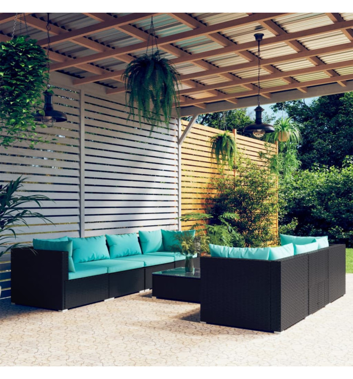 Salon de jardin 8 pcs avec coussins résine tressée noir | Mobilier & Déco