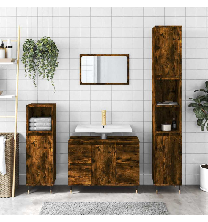 Armoire salle de bain chêne fumé 80x33x60cm bois d'ingénierie | Mobilier & Déco