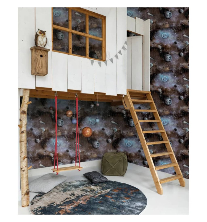 Noordwand Papier peint Good Vibes Galaxy Planets and Text Bleu et noir | Mobilier & Déco