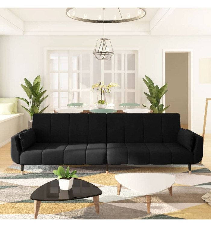 Canapé-lit à 2 places avec deux oreillers Noir Velours | Mobilier & Déco