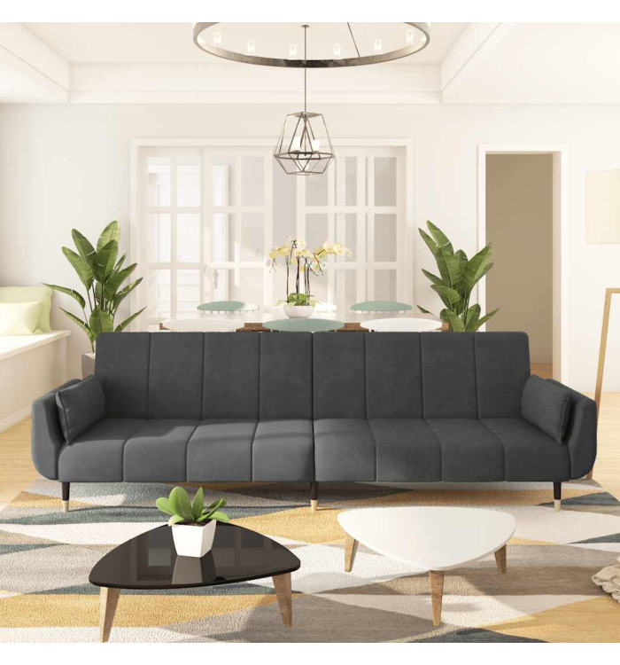 Canapé-lit à 2 places avec deux oreillers Gris foncé Velours | Mobilier & Déco
