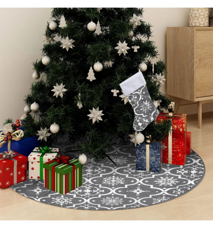 Jupe de sapin de Noël de luxe avec chaussette Gris 90 cm Tissu | Mobilier & Déco
