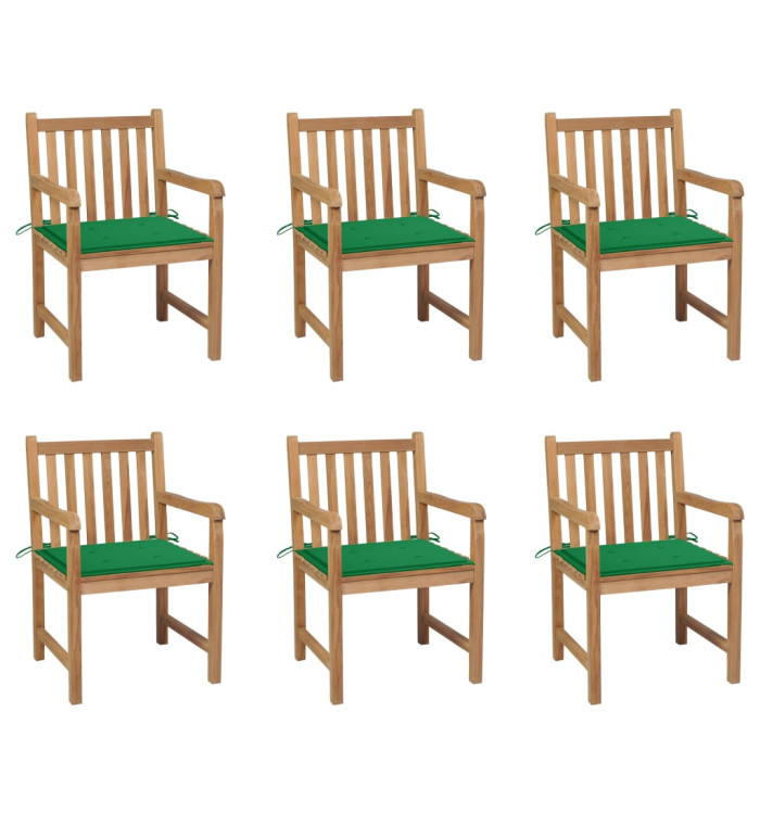 Chaises de jardin lot de 6 et coussins vert Bois de teck massif | Mobilier & Déco