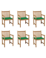 Chaises de jardin lot de 6 et coussins vert Bois de teck massif | Mobilier & Déco