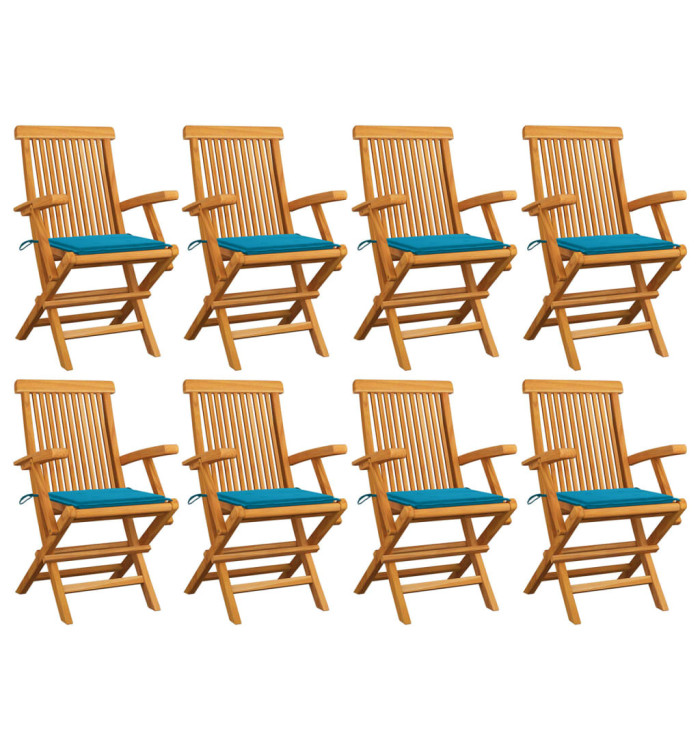 Chaises de jardin avec coussins bleu lot de 8 Bois teck massif | Mobilier & Déco