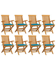 Chaises de jardin avec coussins bleu lot de 8 Bois teck massif | Mobilier & Déco