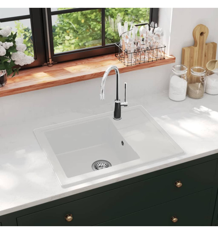 Évier de cuisine avec trou de trop-plein ovale Blanc Granit | Mobilier & Déco