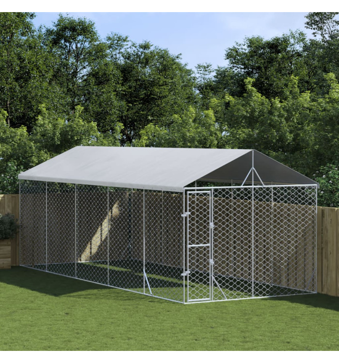 Chenil d'extérieur pour chiens avec toit argenté 3x7,5x2,5 m | Mobilier & Déco