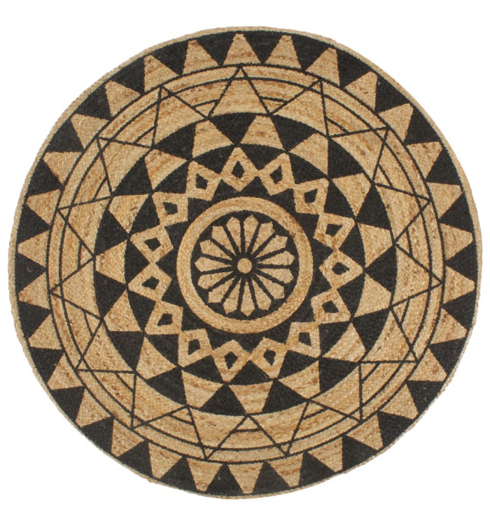Tapis fait à la main Jute avec imprimé noir 150 cm | Mobilier & Déco