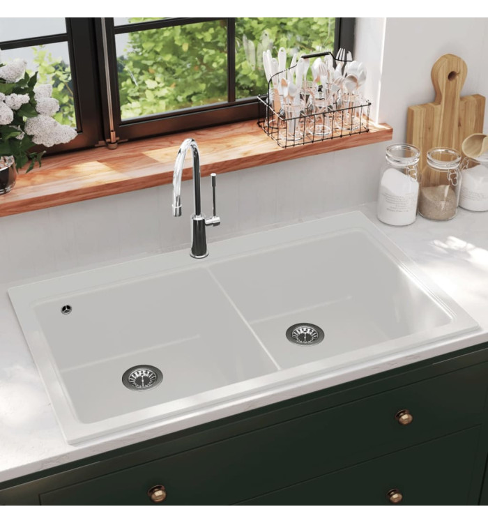 Évier de cuisine encastrable à 2 bacs en granite blanc crème | Mobilier & Déco