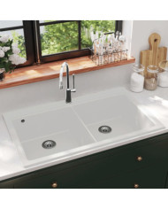 Évier de cuisine encastrable à 2 bacs en granite blanc crème | Mobilier & Déco