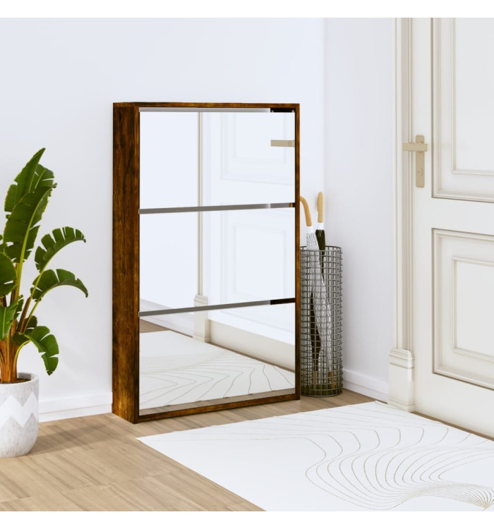 Armoire à chaussures miroir 3 niveaux Chêne fumé 63x17x102,5 cm | Mobilier & Déco