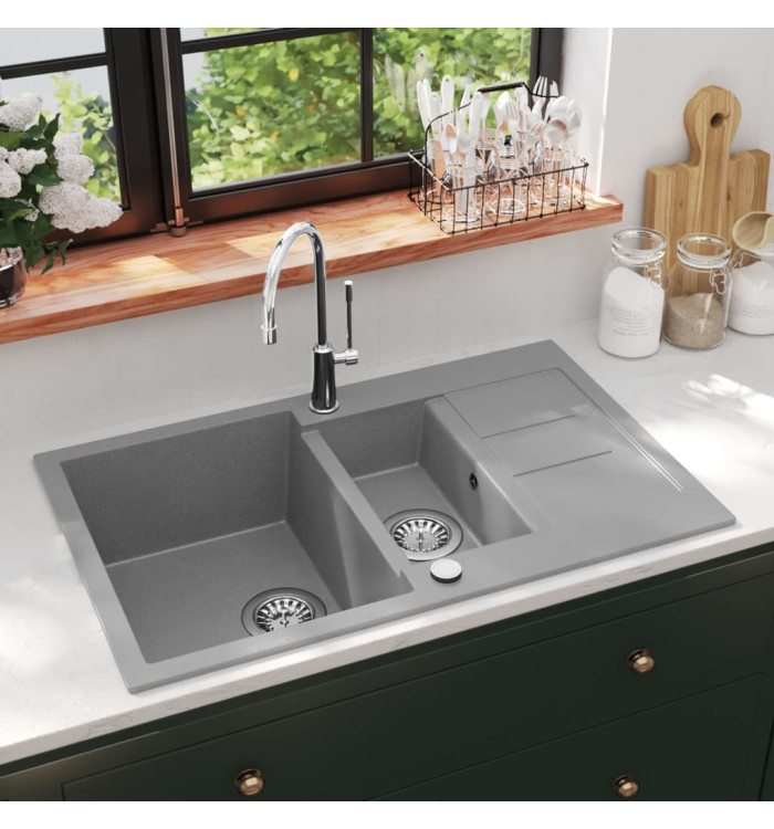 Évier de cuisine en granit Double bac Gris | Mobilier & Déco