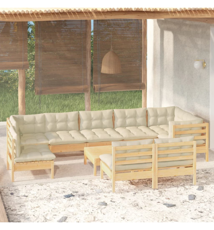 Salon de jardin 10 pcs avec coussins crème bois de pin massif | Mobilier & Déco