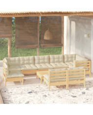 Salon de jardin 10 pcs avec coussins crème bois de pin massif | Mobilier & Déco