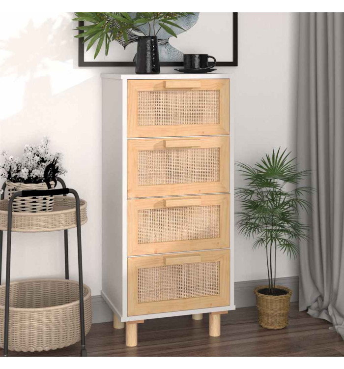 Buffet Blanc 40x30x90 cm Bois de pin massif et rotin naturel | Mobilier & Déco