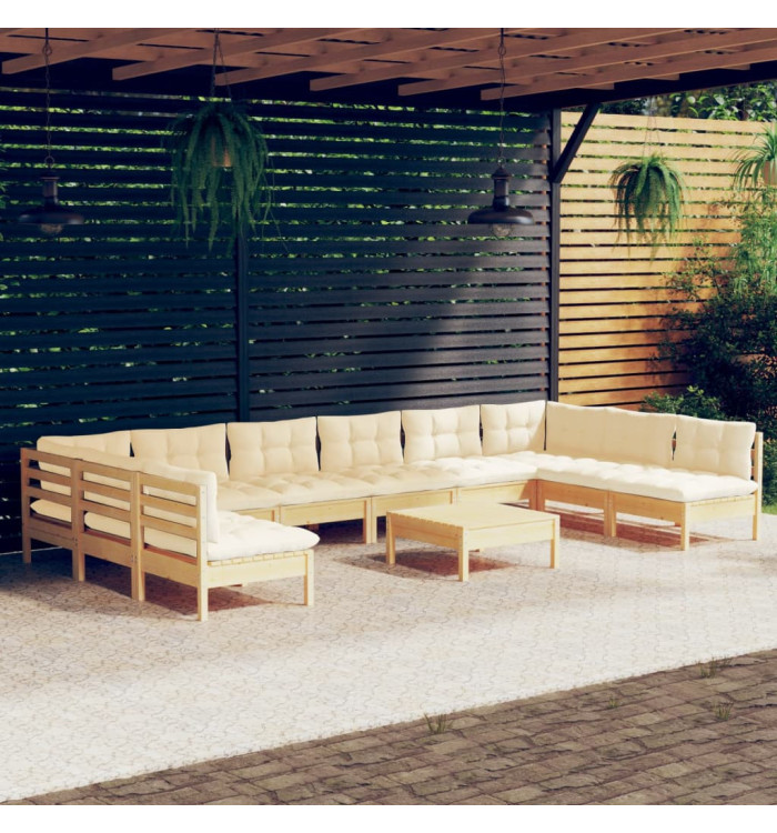 Salon de jardin 11 pcs avec coussins crème Bois de pin solide | Mobilier & Déco
