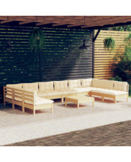 Salon de jardin 11 pcs avec coussins crème Bois de pin solide | Mobilier & Déco