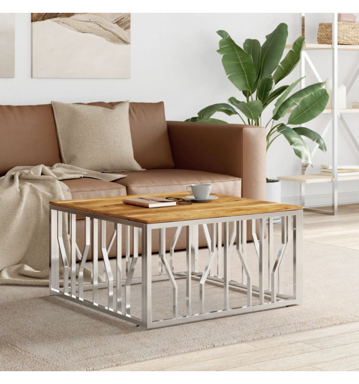 Table basse argenté acier inoxydable et bois massif d'acacia | Mobilier & Déco