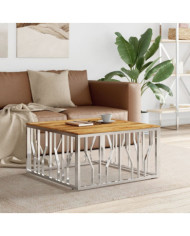 Table basse argenté acier inoxydable et bois massif d'acacia | Mobilier & Déco