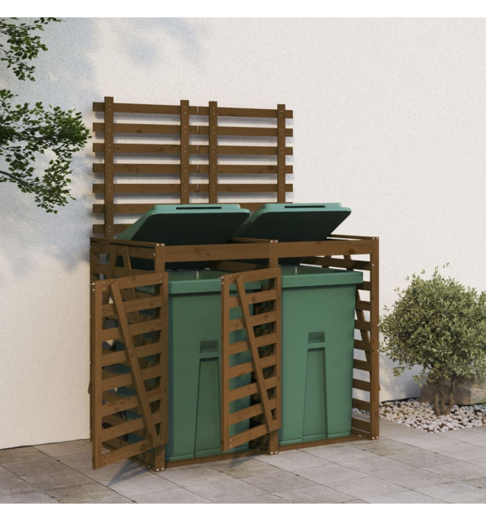 Abri pour poubelle double sur roulettes marron miel bois pin | Mobilier & Déco