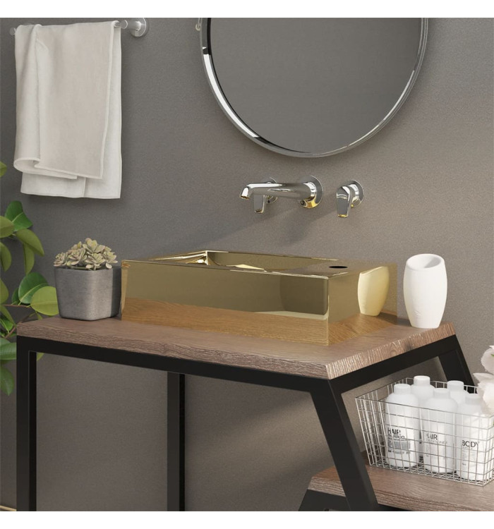 Lavabo avec trop-plein 49 x 25 x 15 cm Céramique Doré | Mobilier & Déco