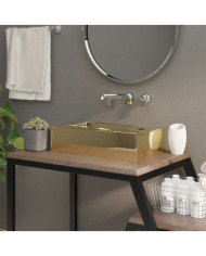 Lavabo avec trop-plein 49 x 25 x 15 cm Céramique Doré | Mobilier & Déco