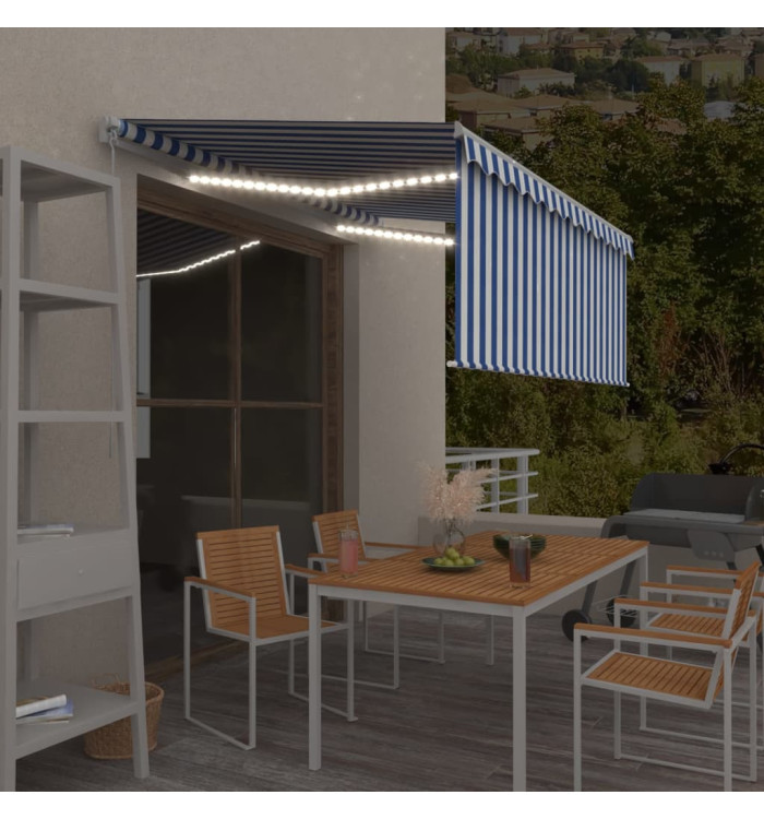 Auvent manuel rétractable et store et LED 3x2,5 m Bleu et blanc | Mobilier & Déco