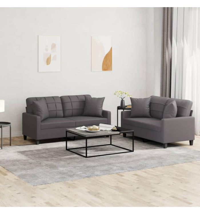 Ensemble de canapés 2 pcs avec coussins gris similicuir | Mobilier & Déco