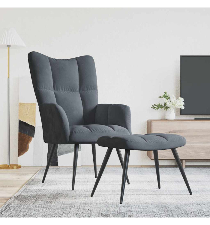Chaise de relaxation avec tabouret Gris foncé Velours | Mobilier & Déco