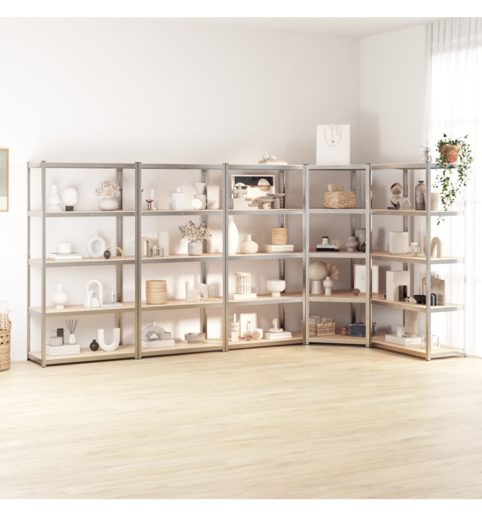Étagères à 5 niveaux 5 pcs Argenté Acier et bois d'ingénierie | Mobilier & Déco