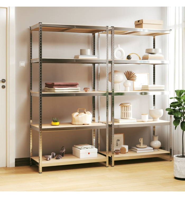 Étagères à 5 niveaux 2 pcs Argenté Acier et bois d'ingénierie | Mobilier & Déco