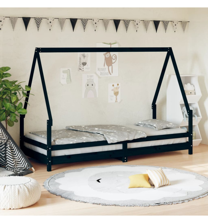 Cadre de lit pour enfants noir 80x200 cm bois de pin massif | Mobilier & Déco