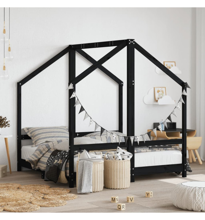 Cadre de lit pour enfant noir 2x(70x140) cm bois de pin massif | Mobilier & Déco