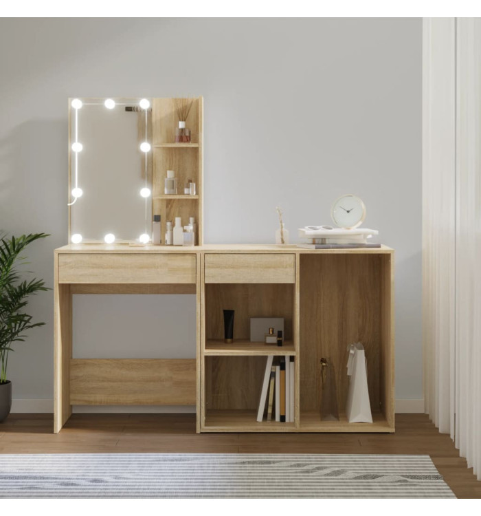 Coiffeuse à LED avec armoire Chêne sonoma Bois d'ingénierie | Mobilier & Déco