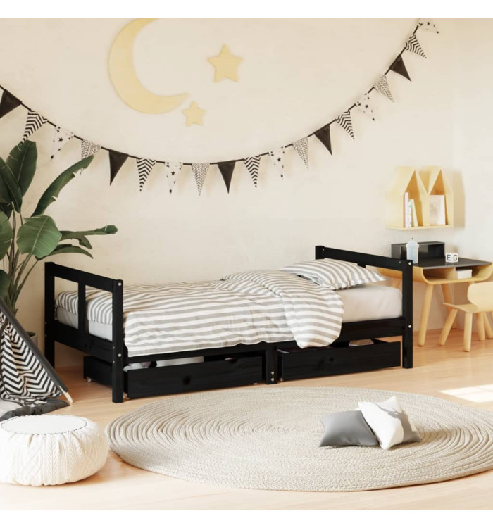 Cadre de lit pour enfant tiroirs noir 80x160 cm bois pin massif | Mobilier & Déco
