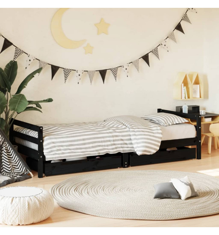 Cadre de lit enfant avec tiroirs noir 90x200 cm bois pin massif | Mobilier & Déco