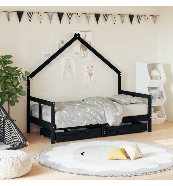 Cadre de lit pour enfant tiroirs noir 80x160 cm bois pin massif | Mobilier & Déco