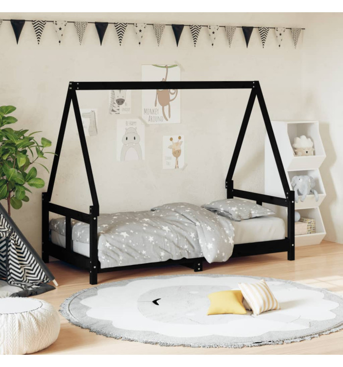 Cadre de lit pour enfant noir 80x160 cm bois de pin massif | Mobilier & Déco