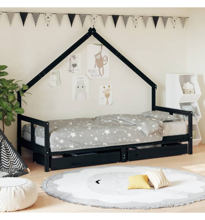 Cadre de lit enfant tiroirs noir 80x200 cm bois de pin massif | Mobilier & Déco