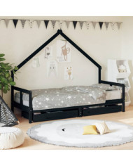 Cadre de lit enfant tiroirs noir 80x200 cm bois de pin massif | Mobilier & Déco