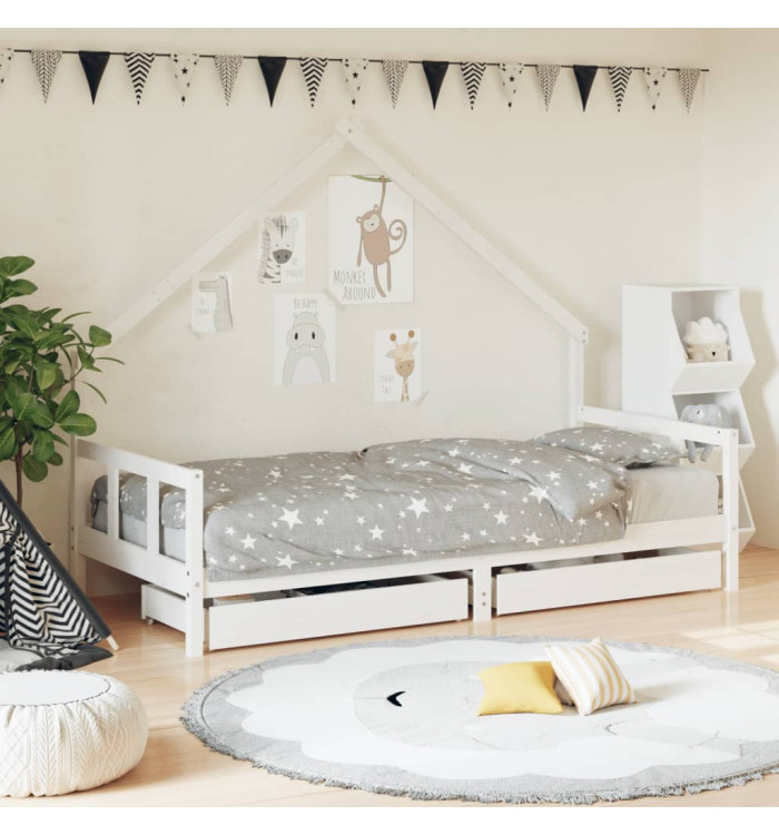 Cadre de lit enfant tiroirs blanc 90x200 cm bois de pin massif | Mobilier & Déco