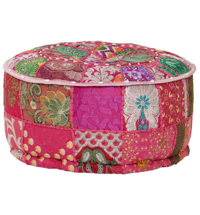 Pouf rond en coton en patchwork fait à la main 40 x 20 cm Rose | Mobilier & Déco