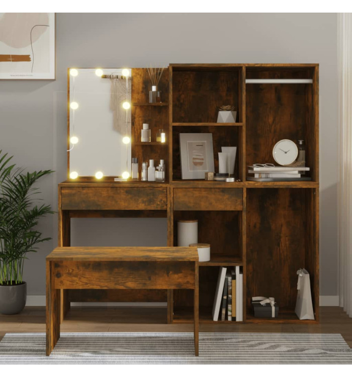 Ensemble de coiffeuse avec LED Chêne fumé Bois d'ingénierie | Mobilier & Déco