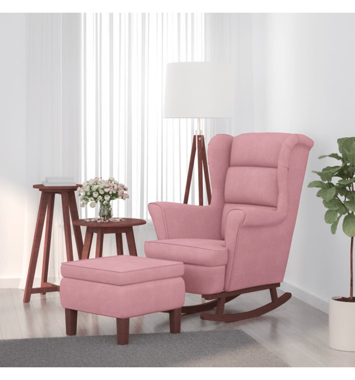 Chaise à bascule avec pieds en bois et tabouret Rose Velours | Mobilier & Déco