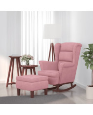 Chaise à bascule avec pieds en bois et tabouret Rose Velours | Mobilier & Déco