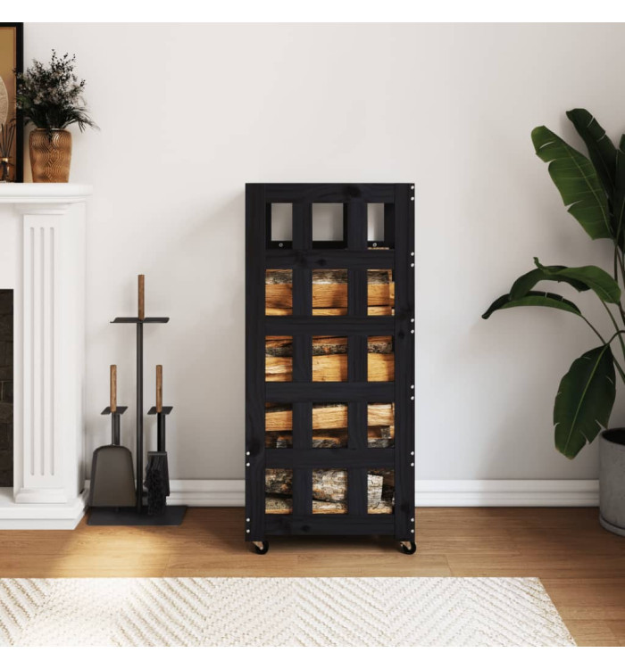 Porte-bûches avec roulettes noir 40x49x110 cm bois massif pin | Mobilier & Déco