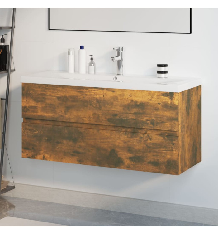 Meuble lavabo avec bassin intégré Chêne fumé Bois d'ingénierie | Mobilier & Déco