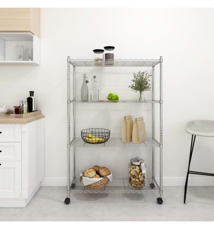Étagère de rangement 4 niveaux et roues 90x35x142 cm chrome | Mobilier & Déco